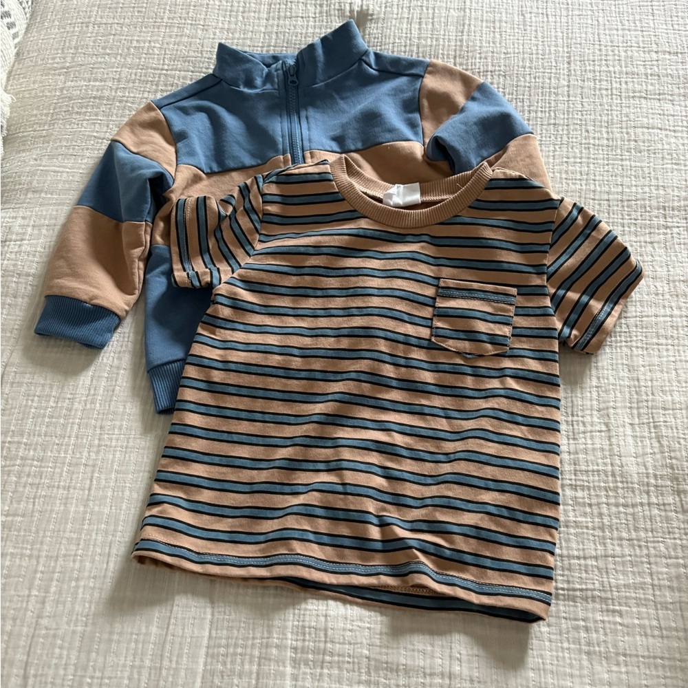 Striped Tan & Blue Tee with Coordinating Blue Zip Pullover - Kids